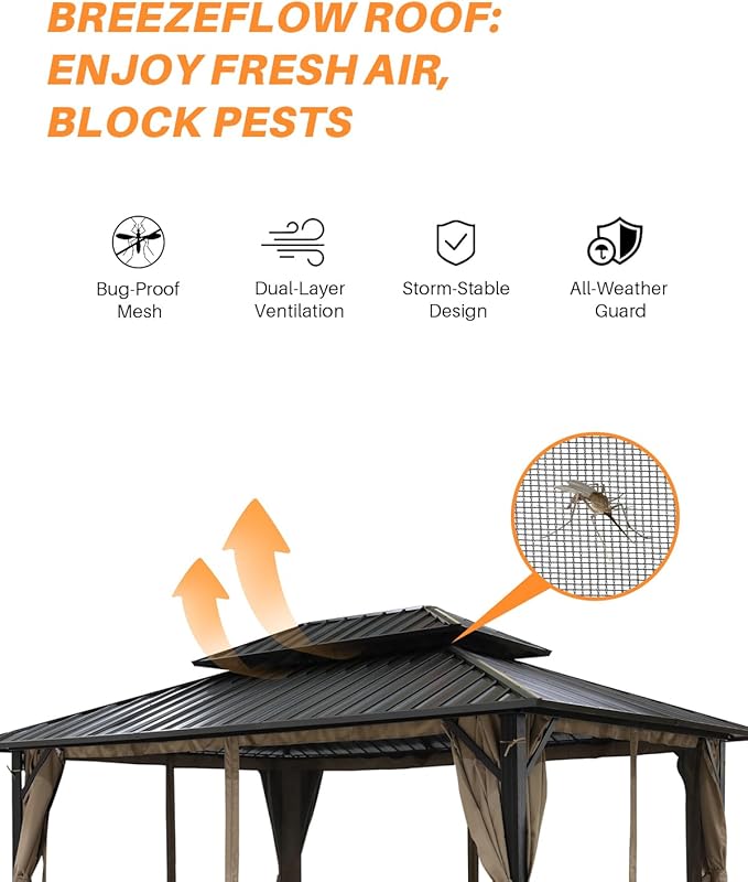 SEEHILL 12' x 16' Hardtop Gazebo, Outdoor Patio Gazebo, Aluminum Frame Patio Hardtop Gazebos with Netting and Curtain, Outdoor Patio Pergola with Double Steel Roofs for Deck, Lawns, Garden, Sandstone