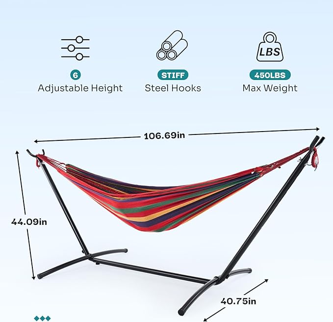 NEWBULIG Double Hammock with Stand, Heavy Duty Portable Hammocks for Outdoor Indoor Patio Camping, Space Saving Design & Carry Bag, Easy Assembly, 450lb Weight Capacity, Rainbow