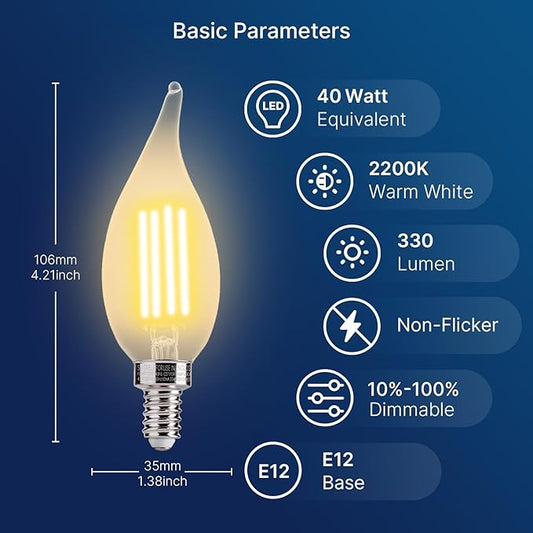 FLSNT CA11 E12 LED Chandelier Light Bulbs 40W Equivalent, 330 LM,Dimmable LED Candelabra Bulbs, 2200K Warm White, 330LM, Amber Glass, 24 Pack UL,CA65 Listed.