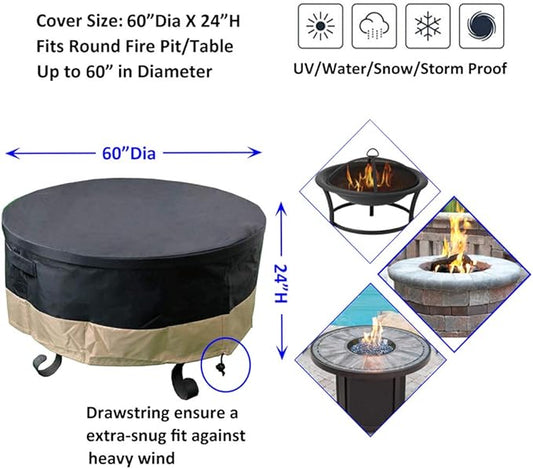 60 Inch Heavy Duty Waterproof Round Fire Pit/Table Cover, Weather Resistant Material Patio Cover, 60" D X 24" H