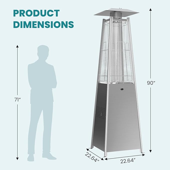 OLIXIS Pyramid Patio Heater, 48000 BTU Outdoor Heater with Wheels and Ignition, Propane Patio Heater for Home, Backyard, Garden,Deck and Patio, Silvery