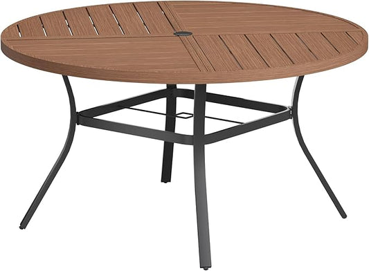 VICLLAX Round Patio Table with Adjustable Umbrella Hole for 6, All Weather Metal Outdoor Dining Table for Lawn Garden, 50" Outdoor Coffee Table, Walnut Wood-Like Tabletop