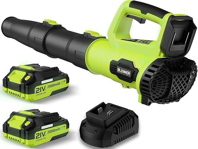 Leaf Blower, 21V Cordless Electric Blower with 2 2.0Ah Batteries and 1 Hour Fast Charger, Lightweight Leaf Blower for Patio Cleaning, Lawn Care, Blowing Fallen Leaves and Dust, etc.