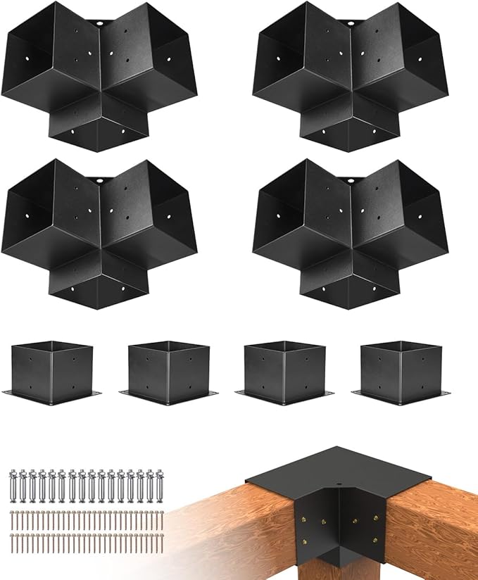 VEVOR Pergola Bracket Kit, 6x6 Inch (Inner Size 5.5x5.5), 4 Pcs 3-Way Heavy Duty Corner Bracket Woodworks DIY Post Base Kit, Easy Installation Wooden Beams for Gazebos, Patio Pergolas, Log Cabin