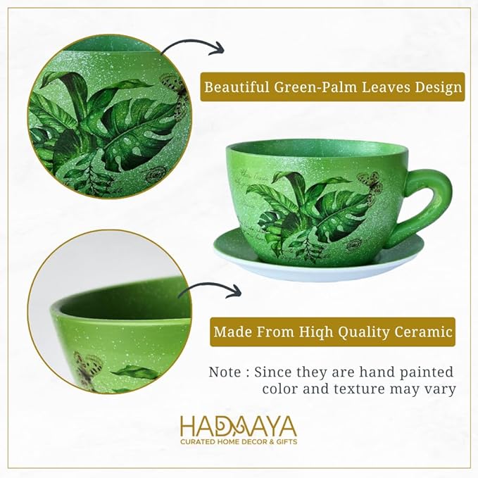 7.5" Ceramic Teacup Planter Pot with Saucer | Ideal for Succulents, Orchids, Herbs & Flowers | Indoor & Outdoor Use Green - Palm Leaves