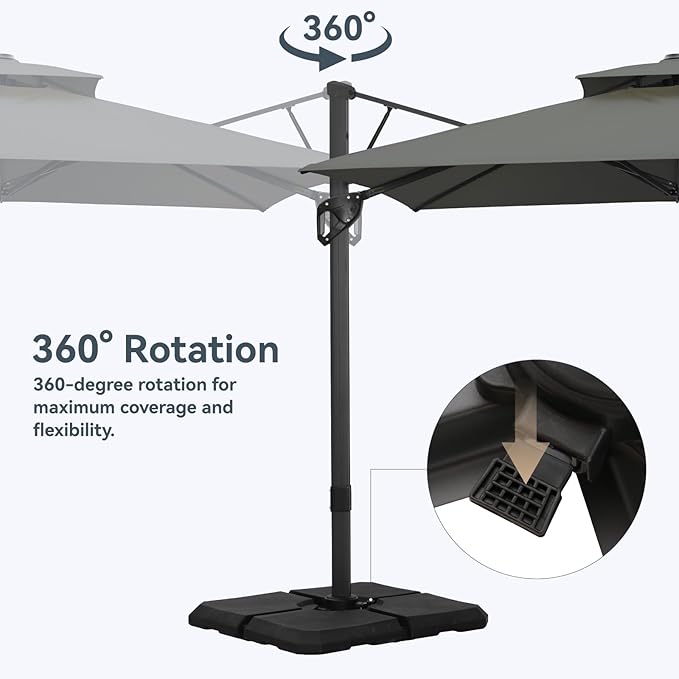 GREEN PARTY 12x9 ft Cantilever Patio Umbrella with Base Included, Rectangle Offset Outdoor Umbrellas with 360° Rotation, 5-Year-Non-Fading Hanging Pool Umbrella for Garden Deck Poolside - Grey