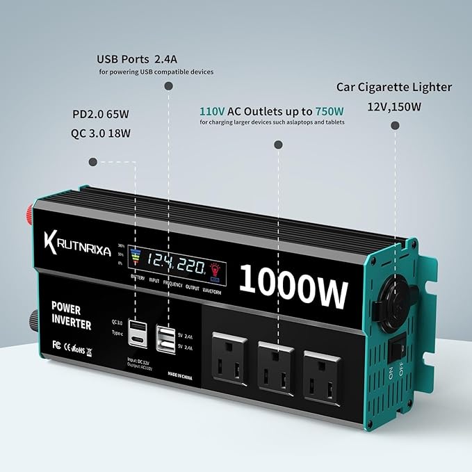 Power Inverters 500W 12V DC to 110V AC Converter for Vehicles USB-C/PD 25W Fast Charging Ports Car Charger Adapter with a Cigarette Lighter Ports Plug Outlet(Modified sine wave-1000W)