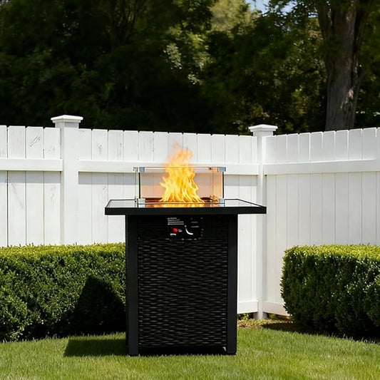 28" Square Fire Pit Table, Outdoor Propane Gas Firepit with Lid & Glass Wind Guard, 50,000 BTU, CSA Listed, Black Wicker Rattan for Patio, Garden, Backyard, Deck
