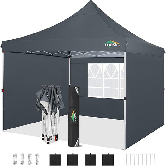 COBIZI 10x10ft Pop Up Canopy with 4 Removable Sidewalls, Easy Up Commercial Gazebos, Waterproof and UV50+ Gazebo with Portable Bag, Adjustable Leg Heights, Tents for Parties, with 4 sandbags, Gray