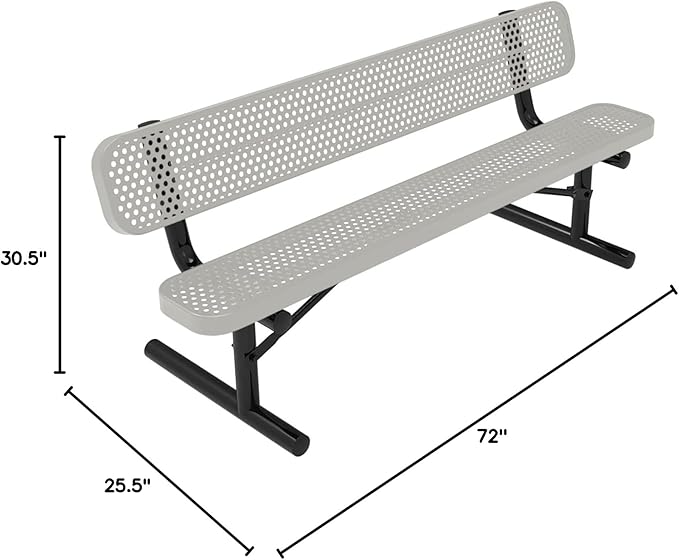 Coated Outdoor Furniture Heavy-Duty Portable Outdoor Bench Thermoplastic Coated, Punched Steel, Commercial-Grade Seating, Made in America (Portable With Back, 6 Ft, Textured Grey)
