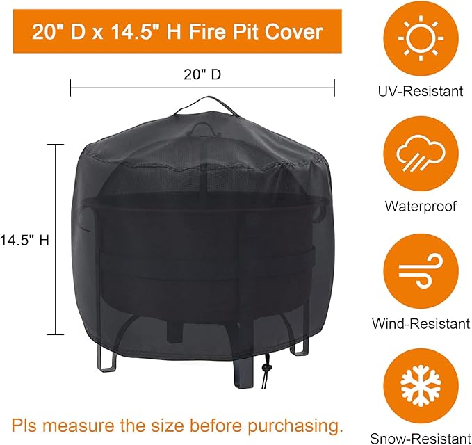 Fire Pit Cover, 20inch Firepit Cover, Waterproof Outdoor Covers with Handles and Drawstring-20x15inch