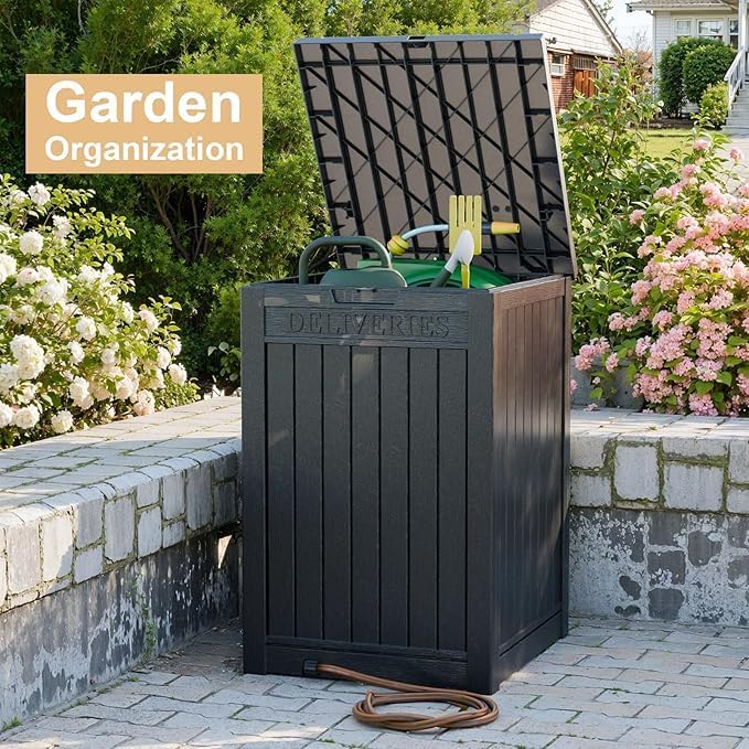 DRATO 48 Gallon Package Delivery Box, Large Lockable Storage Box, Double-Wall Resin Outdoor Package Delivery and Waterproof Deck Box for Porch, Patios