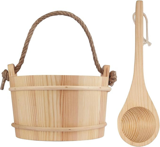 6L Wooden Sauna Bucket and Ladle Set, Handmade Pine Sauna Bucket with Rope Handle,Natural Pine