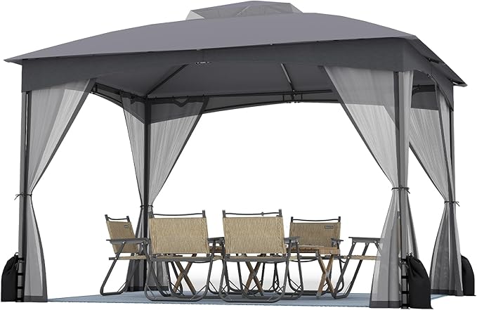 Tangkula 10x12 FT Outdoor Gazebo with Netting, Double Roof Patio Shelter with 4 Sandbags, Zippered Doors, Heavy-Duty Metal Frame, Metal Patio Gazebo for Yard Garden Lawn (Grey)