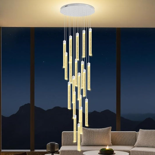 138'' Long Crystal Column Chandelier Extra Large Staircase High Ceiling Chandelier Silver 20-Lights Dimmable Led Pendant Lighting Foyer Entryway Light Source is Replaceable
