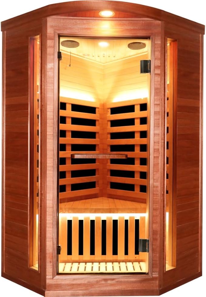 RIGO Pentagonal Single-Person Infrared Sauna Room – 1300W far-Infrared Heating, Made of Okoume Wood, Home Sauna, Equipped with Colorful LED Lighting and Bluetooth Speaker, 37.4 * 37.4 * 71 inches
