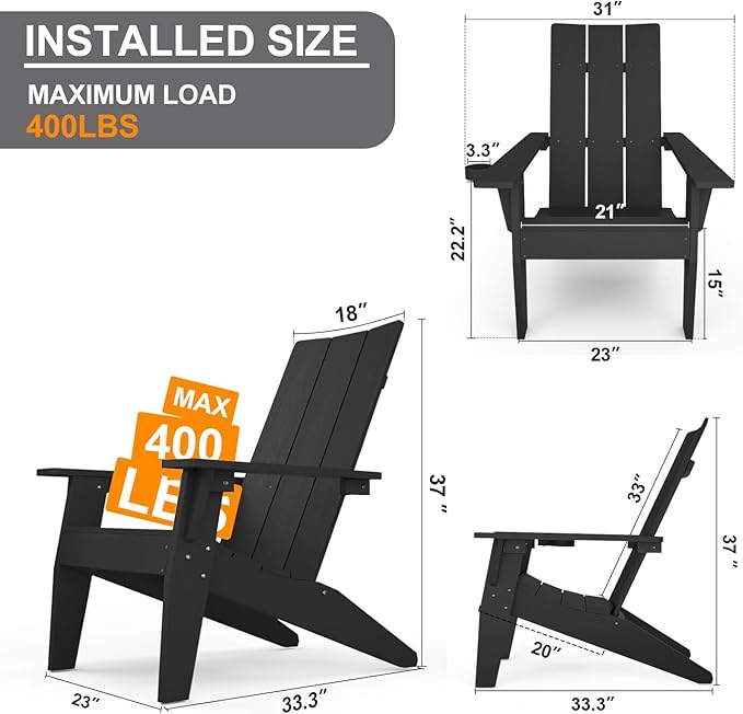 MXIMU Modern Adirondack Chairs Set of 8 Weather Resistant with Cup Holder Oversize Plastic Fire Pit Chairs Plastic Outdoor Chairs for Firepit Area Seating (Black)