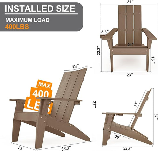 MXIMU Modern Adirondack Chairs Set of 2 Weather Resistant with Cup Holder Oversize Plastic Fire Pit Chairs Adorondic Plastic Outdoor Chairs for Firepit Area Seating (Teak)