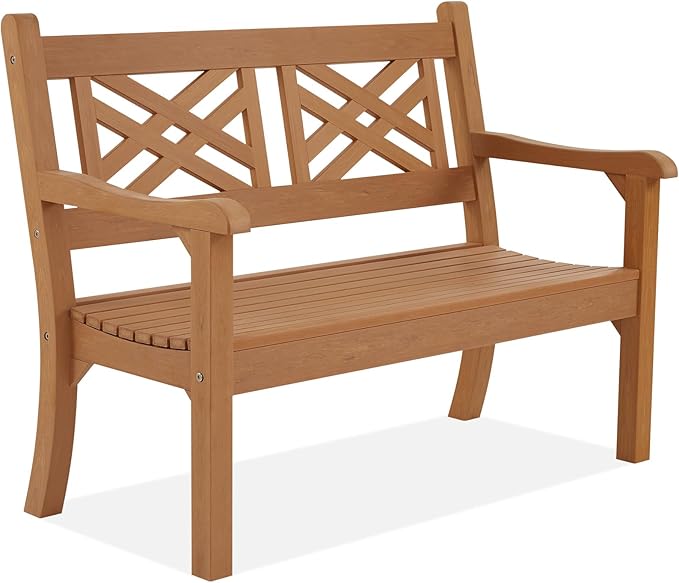 Psilvam 49''W All-Weather Poly Lumber Outdoor Bench – Grey, 2-Person Garden Bench with Decorative Backrest & Curved Armrests, Anti-Fade Patio Bench for Porch, Backyard, and Park(Teak Color)