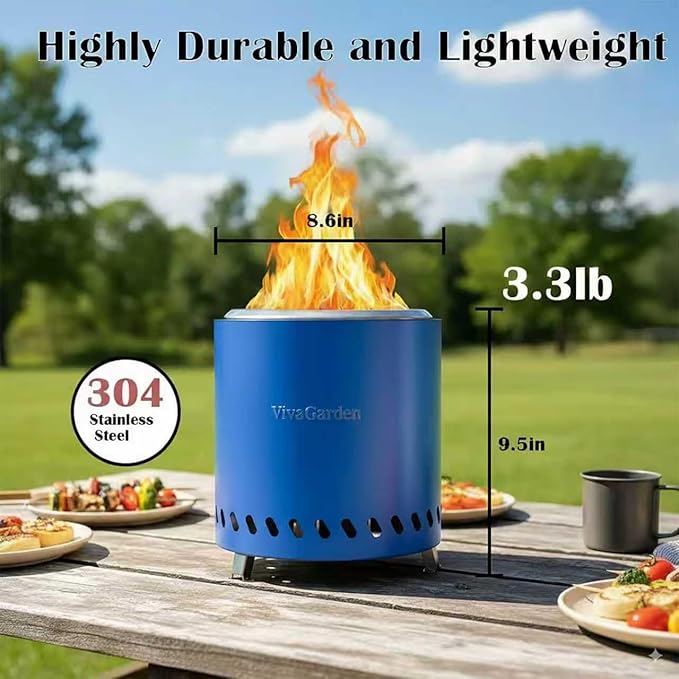 9.5 X 8.6 Inch Tabletop Fire Pit, VivaGarden Portable Firepit, Smokeless Table Top Firepit, Safe Burning Camping Stove, Fueled by Pellets or Wood, Forks, Mat & Travel Bag Included, Blue