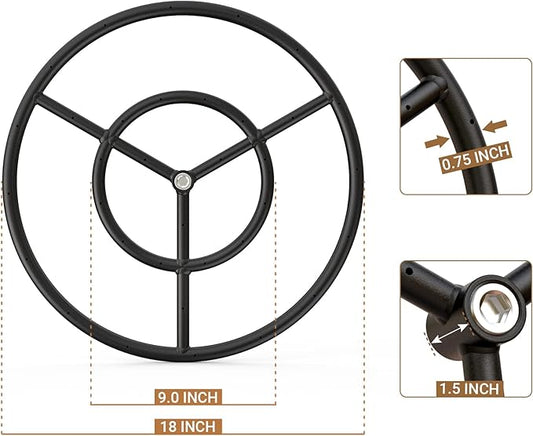 Onlyfire 18 Inches Black Steel Round Fire Pit Burner Ring, Double Ring