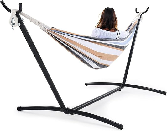 Sweetcrispy Double Hammock with Space Saving Steel Stand Heavy Duty 2 Person Standing Hammocks 450lb Capacity for Outside Garden Yard with Portable Carrying Bag