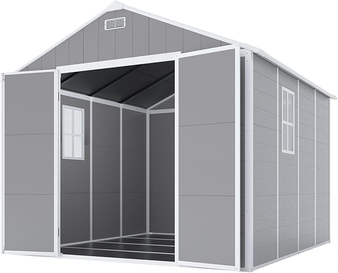 8X8 FT Resin Outdoor Storage Shed, Plastic Garden Sheds with Floor to Store Patio Furniture, Gardening Tools, Outside Patio Storage House with Window &Lockable Door for Backyard, Lawn, Grey