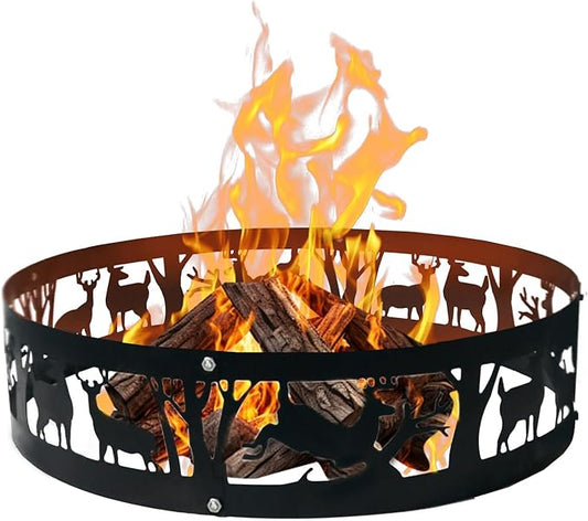 Fire Pit Ring Outdoor Steel: Heavy Duty Round Firepit Ring with Patterned Cutouts for Backyard Camping & Beach Bonfires 36Inch