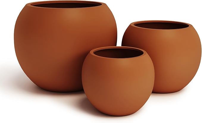 DTY Signature Mount Sherman Modern Indoor Outdoor Fiberstone Sphere Planter, Durable Round Garden Pot, Weather Resistant, Drainage Hole & Rubber Plug, Planter for Christmas Tree - Medium, Terracotta