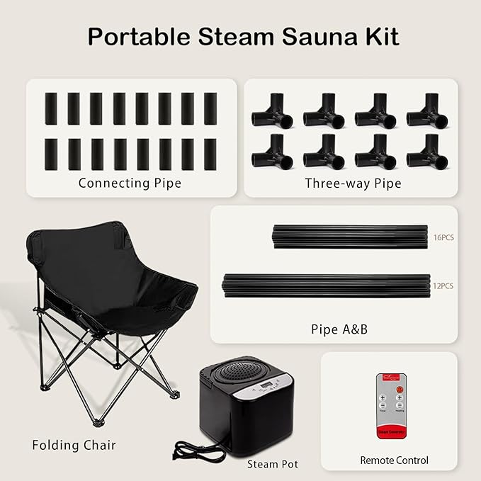 New UpgradeRed Light Sauna Box for Relaxation,Detoxification,Portable Steam Sauna for Home with XL Steamer,16 Levels, 75”x 40”x40”，Double Doors，Larger Folding Chair, Gym-Black， (Black)