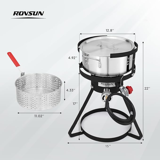 ROVSUN 10Qt Fish Fryer Pot with 55,000 BTU Propane Burner, 6.7Qt Strainer Basket, Thermometer & Lid, Aluminum Pot for Fish Chicken Wings, Seafood Frying & Outdoor Backyard Cooking