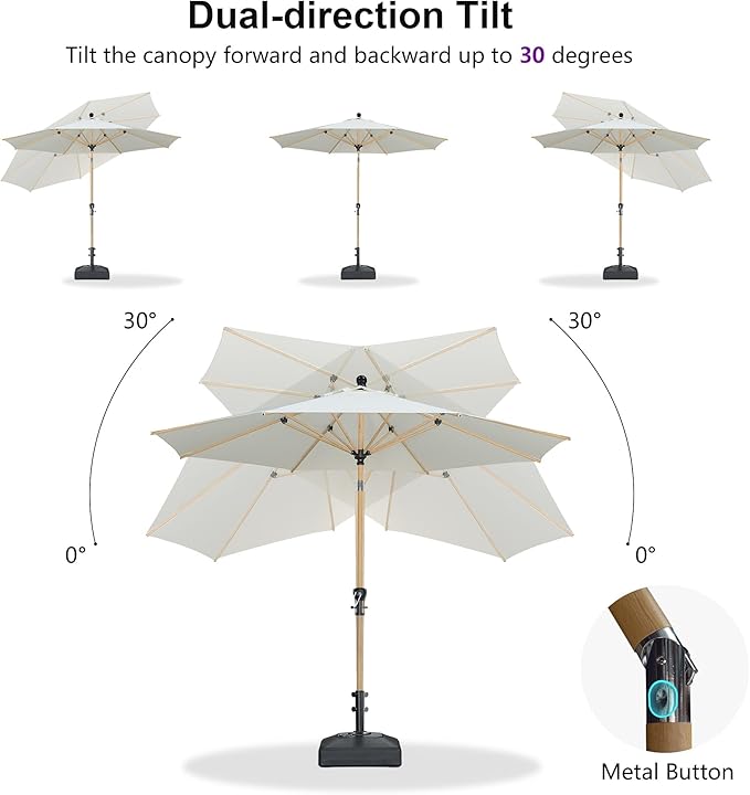 PURPLE LEAF 9 Feet Patio Umbrella with Base Market Umbrella Round Outdoor Umbrella with Push Button Tilt & Crank and 8 Ribs Aluminum Outdoor Table Umbrella for Garden Deck Balcony, Cream