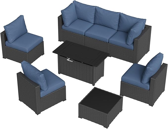 Aoxun 8 Piece Patio Furniture Set with 44” Fire Pit Table Wicker Rattan Patio Sectional Sofa Set Outdoor Seating Furniture with Thickened Cushion, Navy Blue