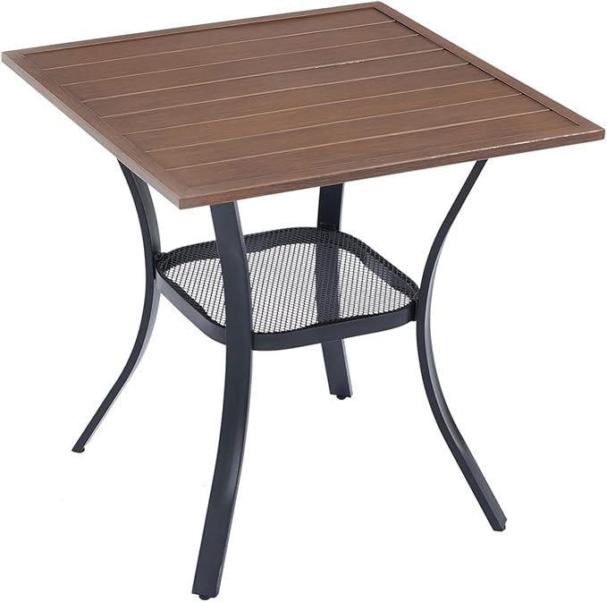 VICLLAX Small Square Outdoor Patio Table, All Weather Metal Outdoor Dining Table for Lawn Garden, 27.5"x 27.5" Patio Table for Outside, Walnut Tabletop