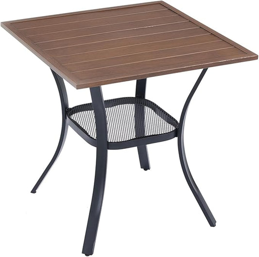VICLLAX Small Square Outdoor Patio Table, All Weather Metal Outdoor Dining Table for Lawn Garden, 27.5"x 27.5" Patio Table for Outside, Walnut Tabletop