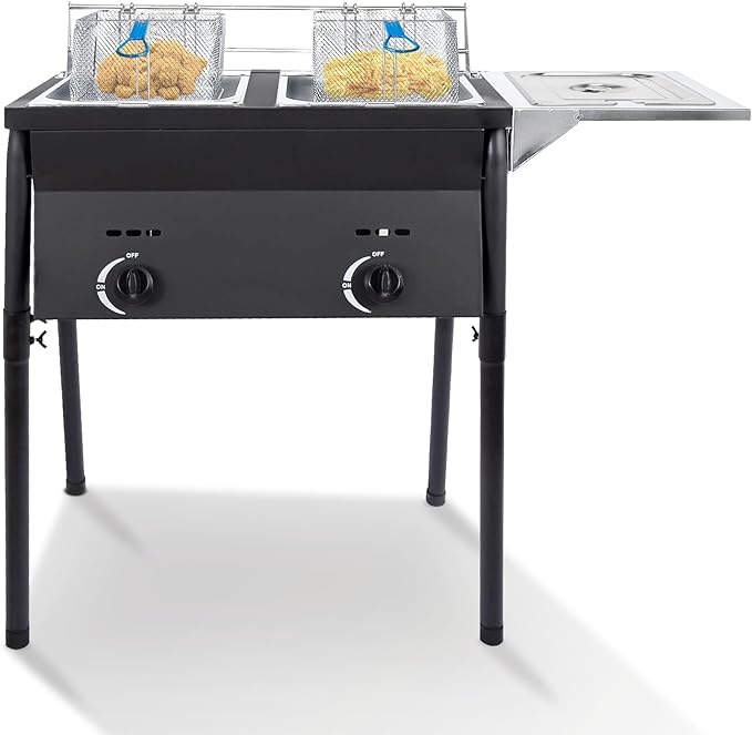 Two Tank Outdoor Deep Fryer with Baskets | Propane Deep Fryer with 2 Stainless Steel Basket & Lid Covers | Large Oil Tank Capacity with Regulating Knobs (Black)