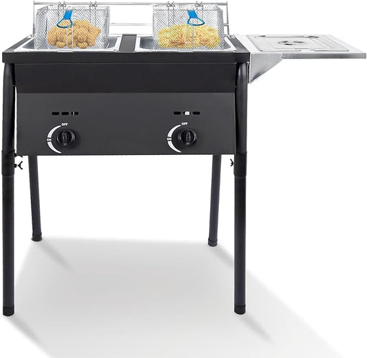 Two Tank Outdoor Deep Fryer with Baskets | Propane Deep Fryer with 2 Stainless Steel Basket & Lid Covers | Large Oil Tank Capacity with Regulating Knobs (Black)