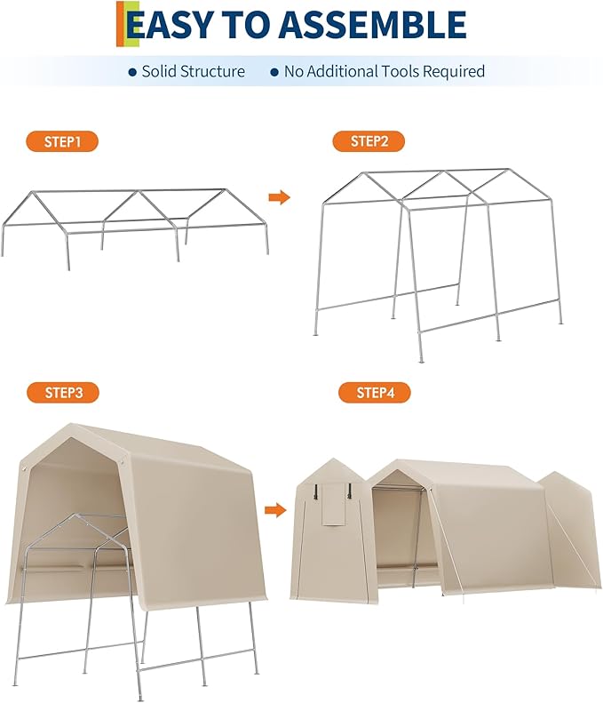 7 x 10 Ft Carport Portable Storage Shed Outdoor Tarp Sheds with Roll-Up Door, Bike Shed Storage Tent for Motorcycle, Garden Tools Khaki