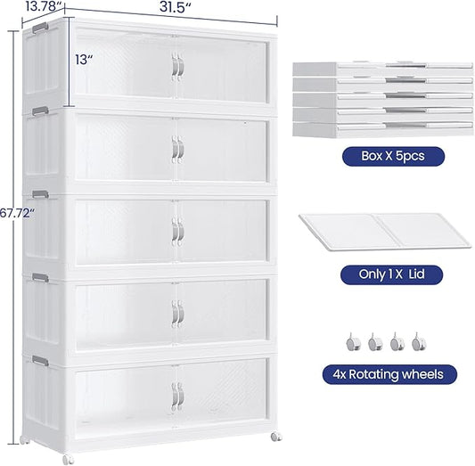 800QT Plastic Stackable Storage Bins with Lid, 200GAL Extra Large Collapsible Box with Wheels Clear Door, Foldable Closet Organizer Container Cabinet Drawer for Home Kitchen，5Pack, White