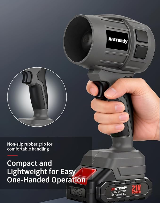 JH Steady 21V Cordless Handheld Leaf Blower - Variable Speed, 30000RPM Powerful Handheld Blower with Rechargeable Battery, Protective Gear for Home, Backyard, Driveway & Snow Removal