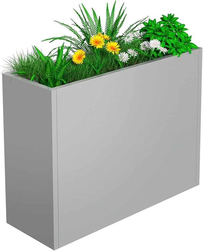 Tall Metal Planter Box, 36" L x 12" W x 26" H Large Outdoor Planters with Drainage & Adjustable Shelf, Heavy Duty Steel Rectangular Planter for Patio, Balcony, Indoor(Gray)
