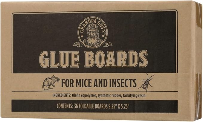 Grandpa Gus's Mouse & Insect Glue Board Traps, Extra-Long Foldable Pre-Baited Sticky Traps for Mouse, Roach, Spider, Ant & Fly, 9.25" x 5.25", Pack of 36