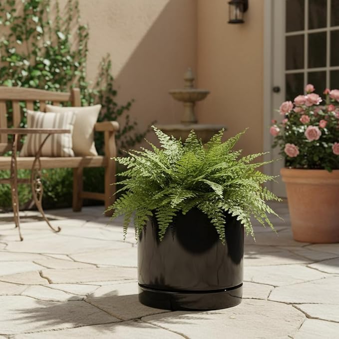 Aveyas 8 inch Ceramic Plant Pot with Drainage Hole and Saucer - Suitable for Indoor and Outdoor Use, Modern Planters for House Garden Flower Tree Snake Monstera Plants (8", Glossy Black)