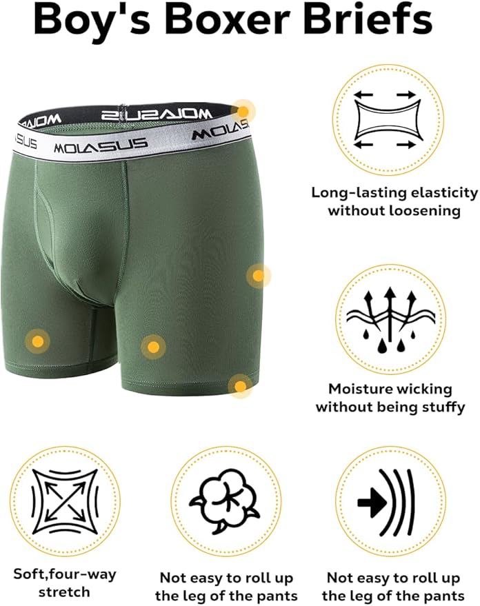 Molasus Boys Underwear Cotton Boxer Briefs With Fly for 6-20 Years Old Teen 5 Pack