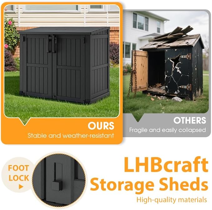 LHBcraft Outdoor Storage Cabinet 36 Cu Ft with Lockable Doors, Portable Horizontal Resin Storage Shed - Easy to Assemble, Waterproof Small Storage Shed with Floor Black