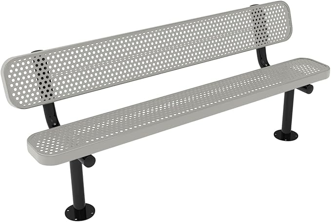 COATEDOUTDOORFURNITURE Coated Outdoor Furniture Heavy-Duty Outdoor Bench Thermoplastic Coated, Punched Steel, Commercial-Grade Seating, Made in America (Surface with Back, 6 Ft, Textured Grey)