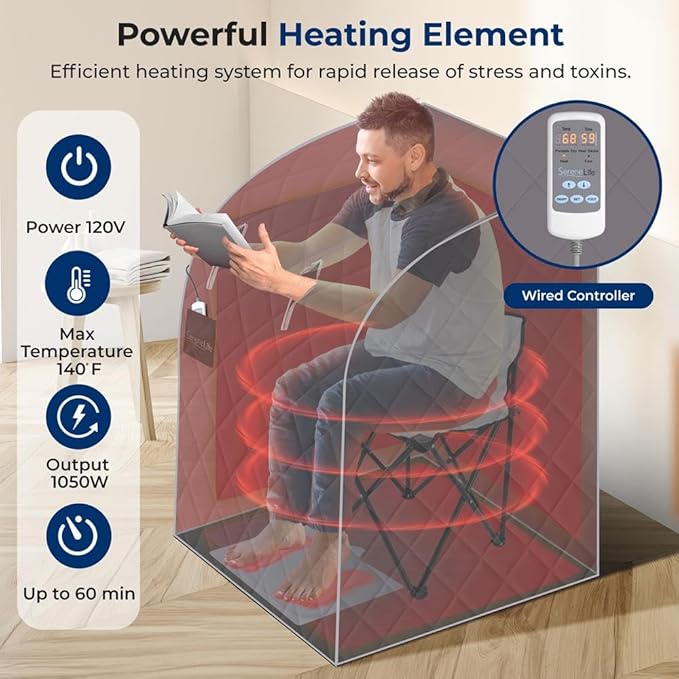 SereneLife Portable Sauna Box for Home, Infrared Sauna Tent with Heated Foot Pad and Folding Chair, Remote Control In-Home Spa, 38" x 32”