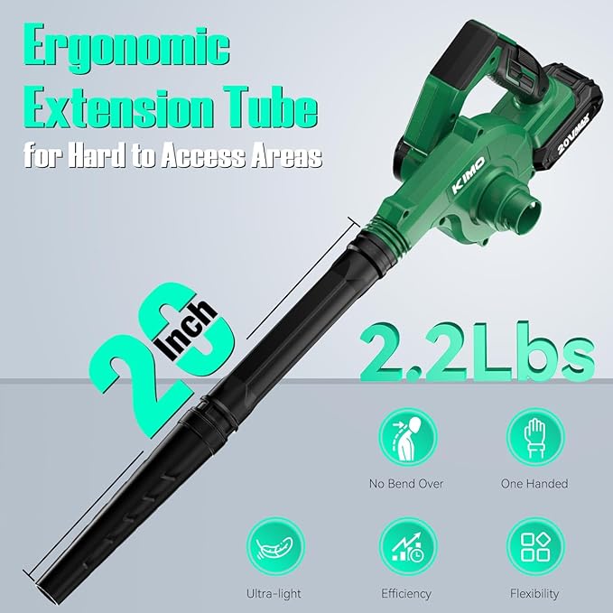 K I M O. Cordless Leaf Blower and Vacuum Combo 4 In 1, 3 Nozzles for Inflation and Deflation, 190MPH/260CFM, Smart Panel with 3 Modes, 20" Extended Tube, 2000mAh Battery Cordless Blowers for Lawn Care