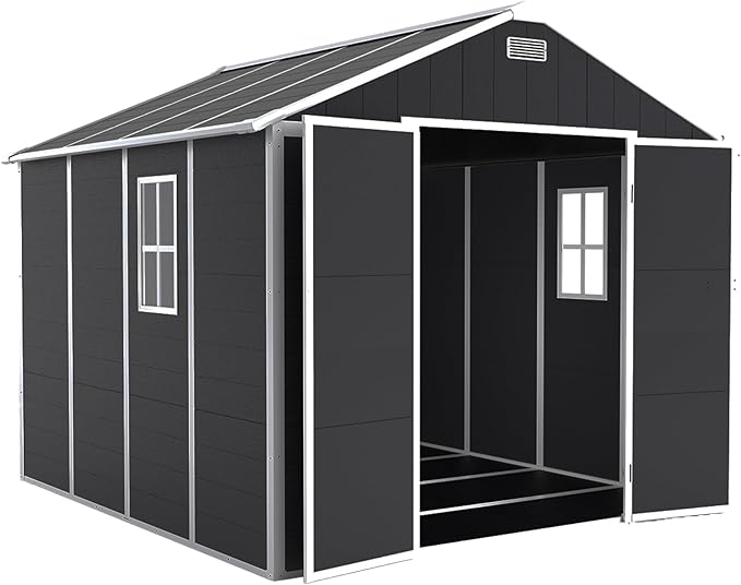 Resin Storage Shed 8x8ft, Outdoor Storage Sheds with Floor, Window, Lockable Doors and Vents, 12mm Thick pp Board, Large Storage Space Tool Shed for Bike, Garden, Backyard, Lawn (Dark Gray, 8 * 8ft)