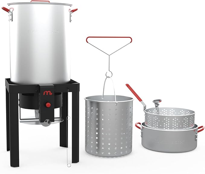 Megamaster 30QT Turkey Fryer and 10QT Fish Fryer Kit, Aluminum Fryer Steamer Kit with Basket and 50,000 BTU Burner, Outdoor Deep Fryer with 10 PSI Regulator for Turkey, Fish, Seafood - 840-45014